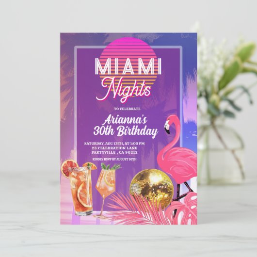 Miami Nights Summer Birthday Party Einladung (Stehend Vorderseite)