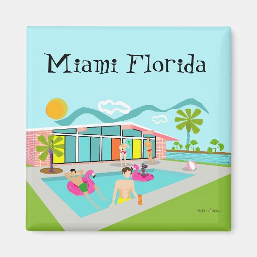 Miami Retro Gay Pink Flamingo Pool Party Magnet (Vorne)