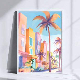 Miami Road   Farbige Straße Aquarell Poster