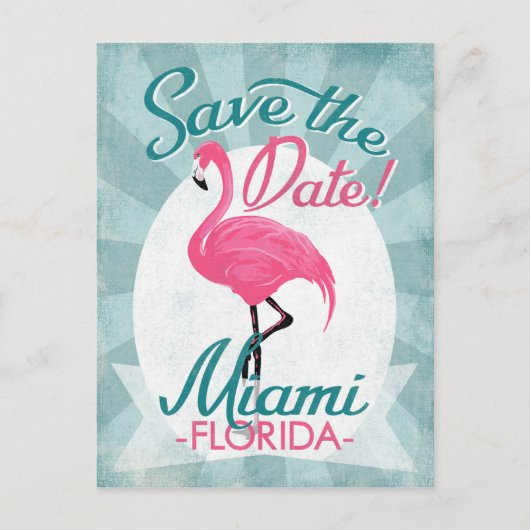 Miami Save the Date Pink Flamingo Ankündigungspostkarte (Vorderseite)