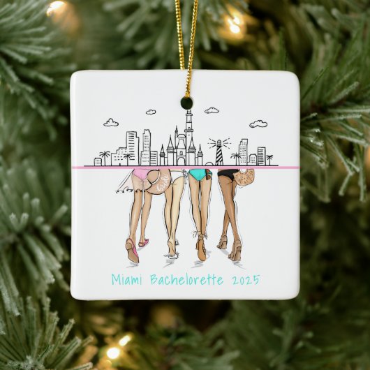 Miami Skyline Bachelorette Bikini Custom Keepsake Keramikornament (Baum)