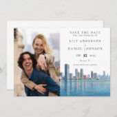 Miami Skyline Watercolor Photo Wedding Save The Date (Vorne/Hinten)