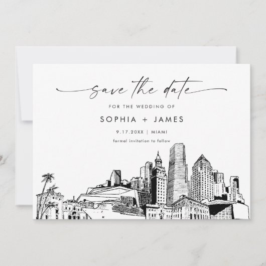 Miami Skyline Wedding Save the Date Card Einladung (Vorderseite)
