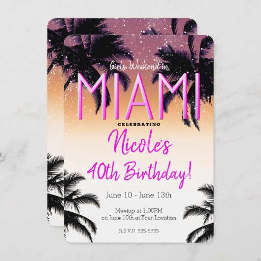Miami Summer Girls Weekend Geburtstagsparty Einladung (Vorne/Hinten)