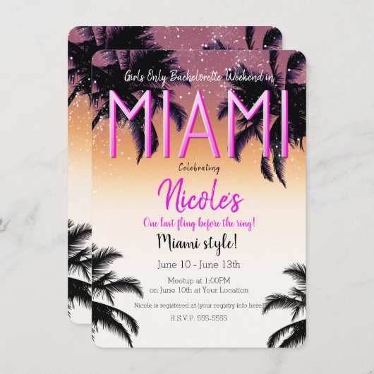 Miami Summer Girls Weekend Junggeselinnen-Abschied Einladung (Vorne/Hinten)