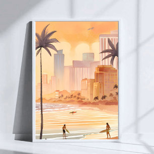 Miami Sunrise Gelbe Wasserfarben-Skyline-Malerei Poster