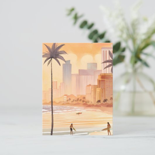 Miami Sunrise | Yellow Watercolor Skyline-Malerei Postkarte (Stehend Vorderseite)