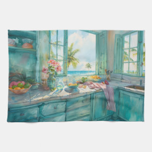 Miami Tropical Kitchen Wasserfarben mit Palme und  Geschirrtuch