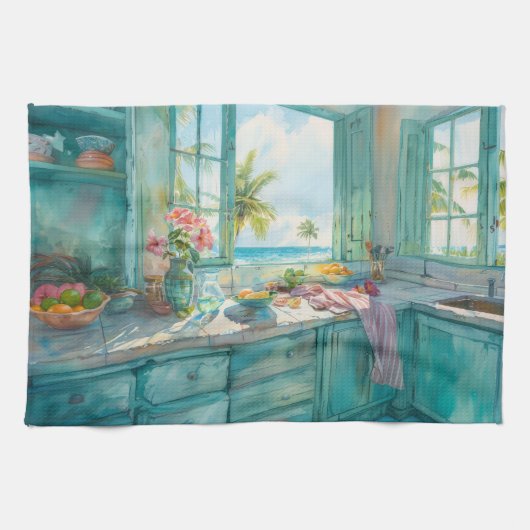 Miami Tropical Kitchen Wasserfarben mit Palme und  Geschirrtuch (Horizontal)