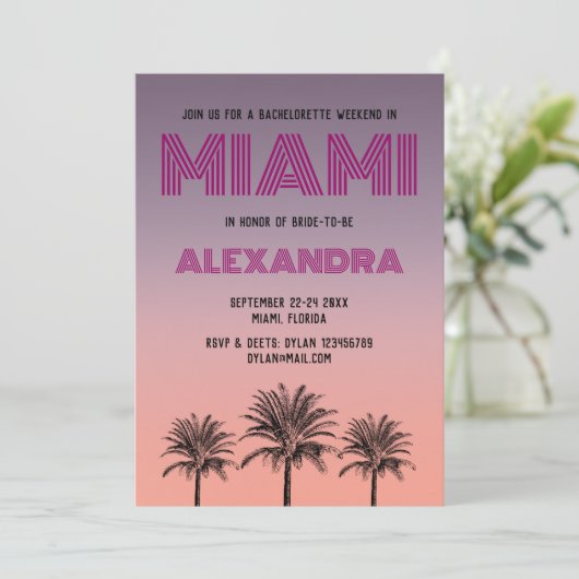 Miami Tropical Palms Sunset Bachelorette Weekend Einladung (Stehend Vorderseite)