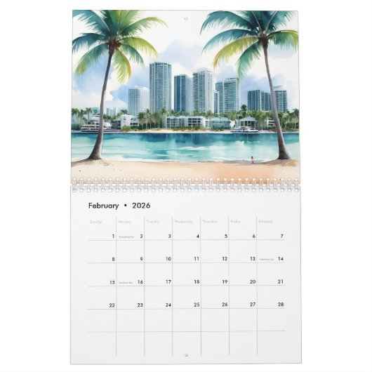 Miami Wasserfarbkunst Kalender (Feb 2026)