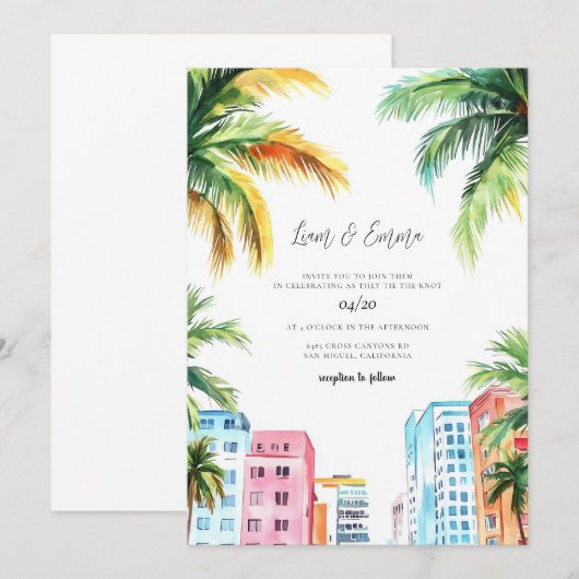 MIAMI Wedding Einladung Wasserfarbe (Vorne/Hinten)