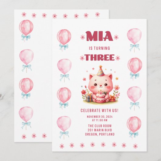 Mias dritter Geburtstag Einladung (Vorne/Hinten)