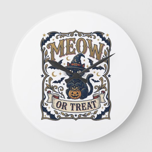 Miau oder Behandle Katze Halloween Gruselige Katze Große Wanduhr (Vorderseite)