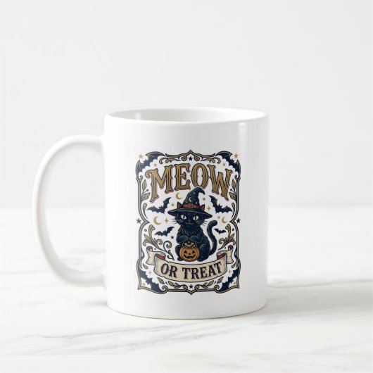 Miau oder Behandle Katze Halloween Gruselige Katze Kaffeetasse (Links)