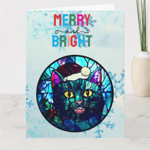 Miauende Buntglas-Weihnachts-Schwarze-Katze Karte
