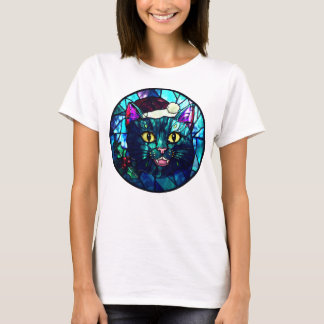 Miauende Buntglas-Weihnachts-Schwarze-Katze T-Shirt