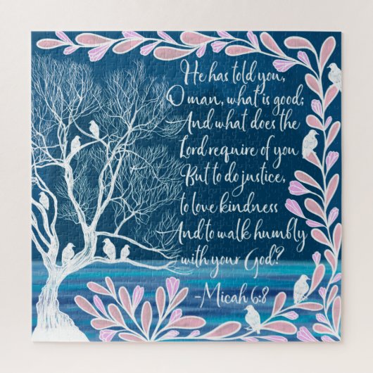 Micah 6:8 Aquamarines Blaues Blaues Baum Vogelbibe Puzzle (Vertikal)