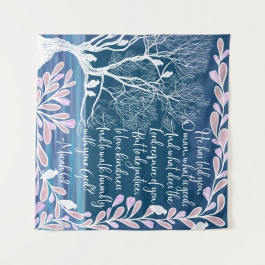 Micah 6:8 Aquamarines Blaues Blaues Baum Vogelbibe Wandteppich (Vorderseite (Horizontal))