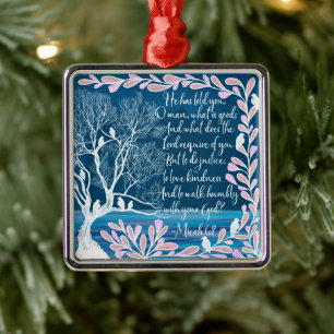 Micah 6:8 Türkis Blau Weiße Baum Vögel Bibelvers Ornament Aus Metall