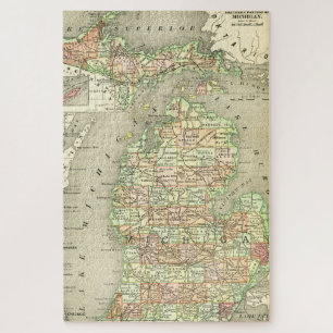 Michigan Antique Map Farbenfroher Staat Norther UP Puzzle