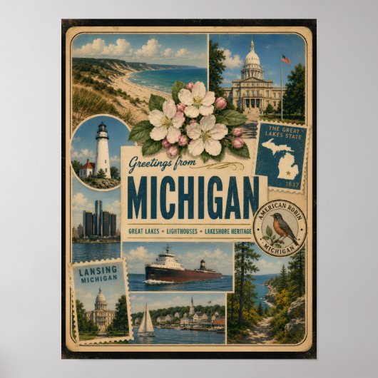 Michigan Authentischer Vintage-Stil Poster (Vorne)