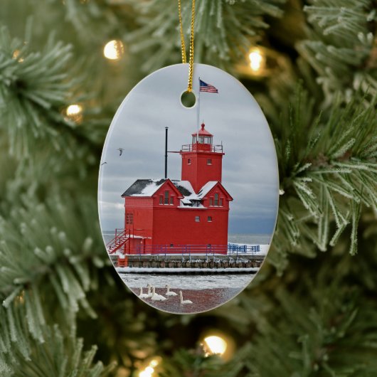 Michigan Big Red Lighthouse mit Swans Keramik Ornament (Baum)