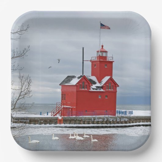 Michigan Big Red Lighthouse mit Winter Swans Pappteller (Vorderseite)