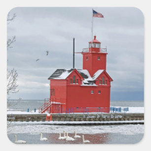 Michigan Big Red Lighthouse Winter Swans Quadratischer Aufkleber