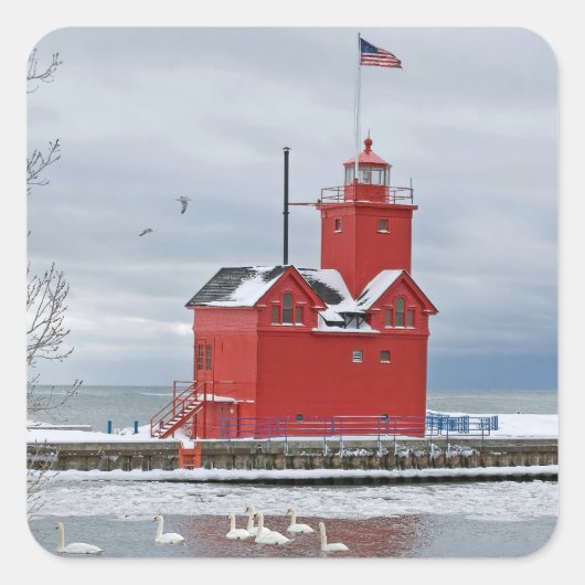 Michigan Big Red Lighthouse Winter Swans Quadratischer Aufkleber (Vorderseite)