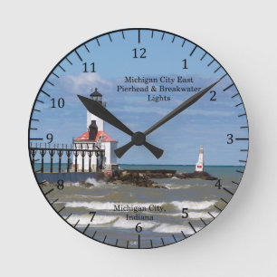 Michigan City East Pier & Breakwater Lights Clock Runde Wanduhr