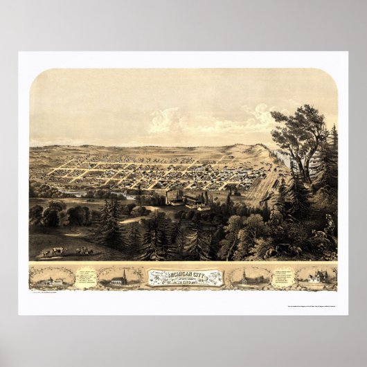 Michigan City, IN Panorama Karte - 1869a Poster (Vorne)