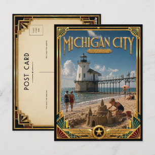 Michigan City Indiana Vintage Art Deco Goldenes Ze Postkarte