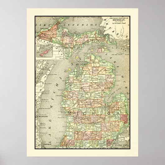 Michigan Colorful Antique Map Staat & Landkreise Poster (Vorne)
