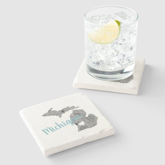 Michigan Floral gefüllt Silhouette mit "Michigan" Steinuntersetzer (Seitenansicht)