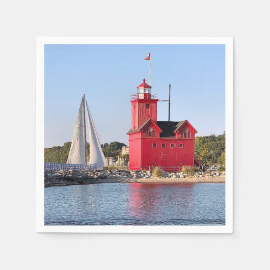 Michigan Große Rote Leuchtturm Mit Segelboot Serviette (Vorderseite)