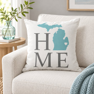 Michigan Home Aqua State Grauer Text Kissen
