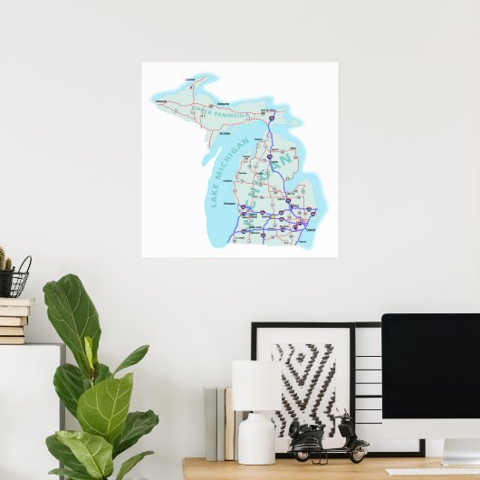 Michigan Interstate Map Print Poster (Heimbüro)