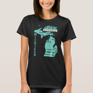 Michigan Karte der wichtigsten Städte mit City Sky T-Shirt