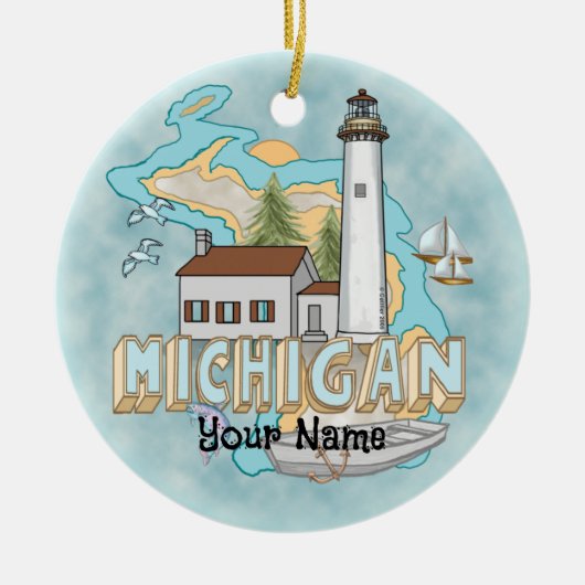 Michigan Lighthouse individuelle Name Keramik Ornament (Vorne)