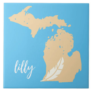 Michigan Map Feather Individuelle Name Blue Tan Fliese