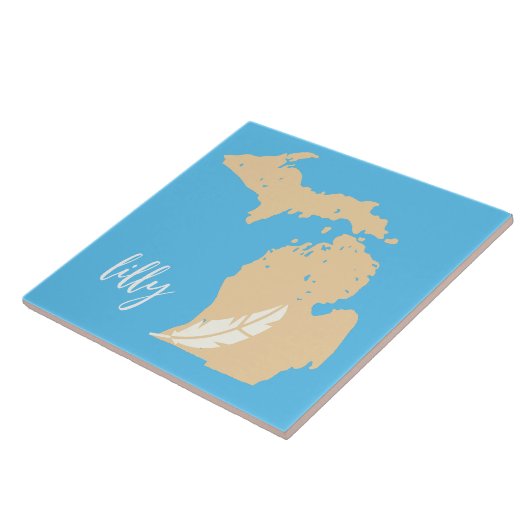 Michigan Map Feather Individuelle Name Blue Tan Fliese (Seite)