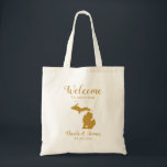 Michigan Map Wedding Welcome Bag, Gold Tragetasche<br><div class="desc">Hochzeitswochenende Begrüßungsgeschenktasche für Gäste aus der Stadt,  um Ihre Hochzeit,  mit dem Bild von Michigan,  mit Herz können Sie an der genauen Stelle platzieren. Fülle die Tasche mit deinen Lieblingsgoodies.</div>