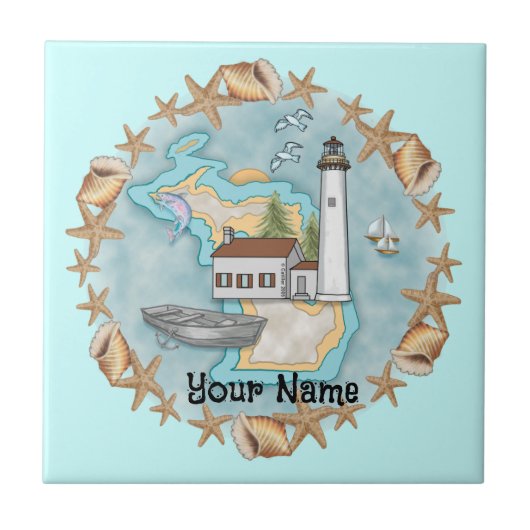Michigan Muscheln Lighthouse Tile Fliese (Vorderseite)