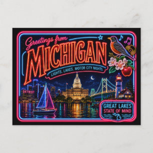 Michigan Neon State Retro Vintage Postkarte