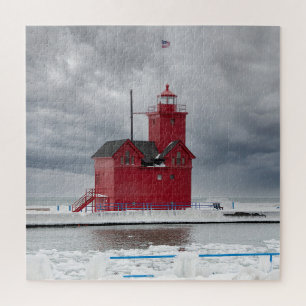 Michigan Red Lighthouse im Winter Jigsaw Puzzle