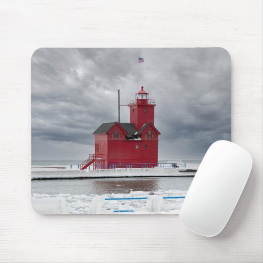 Michigan Red Lighthouse im Winter Mousepad (Mit Mouse)
