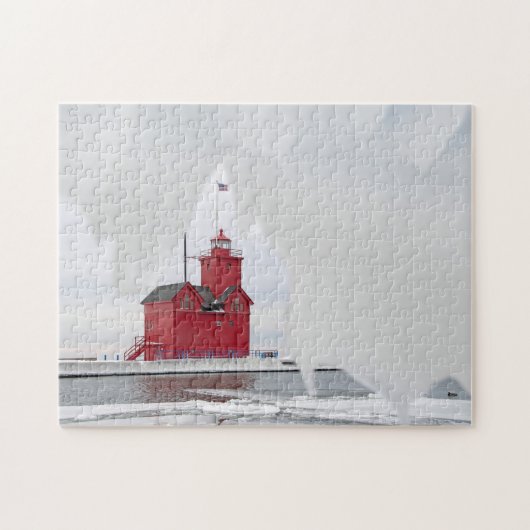 Michigan Red Lighthouse im Winter Puzzle (Horizontal)