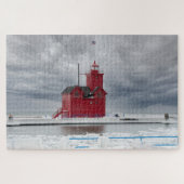 Michigan Red Lighthouse im Winter Puzzle (Horizontal)