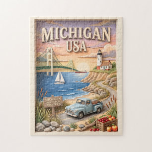 Michigan Roadtrip Mackinac Bridge Oldtimer-LKW Puzzle